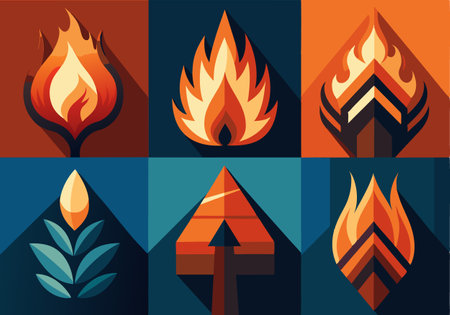 A collection of abstract geometric illustrations featuring flames and nature-inspired shapes in vibrant colors and bold designs. Ideal for modern and creative themes.のイラスト素材