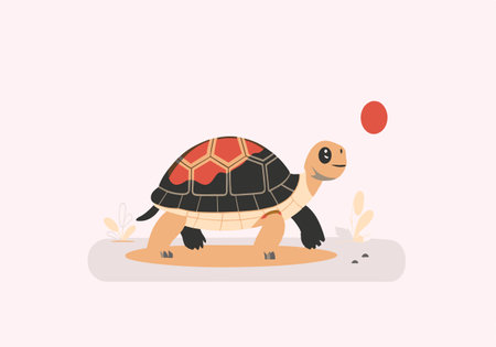Illustration of a cheerful tortoise with a colorful shell walking outdoors. Perfect for children's content and educational materials.のイラスト素材