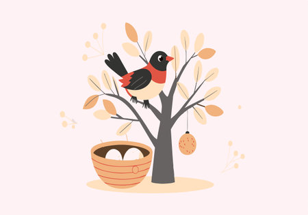Illustration of a colorful bird perched on a tree with autumn leaves, a nest with eggs, and a decorative hanging ornament.のイラスト素材