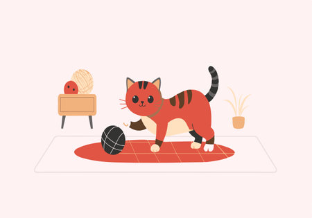 Illustration of a cute cat playing with a black ball of yarn on a rug. Modern minimalist home decor.のイラスト素材