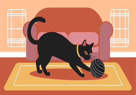 Illustration of a black cat playing with a ball of yarn in a cozy living room setting, on a rug.のイラスト素材