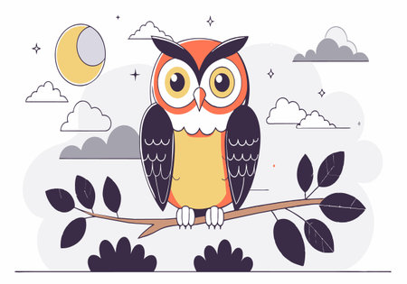 Illustration of a cute owl sitting on a branch surrounded by moon and clouds. Whimsical and colorful design perfect for children's content.のイラスト素材