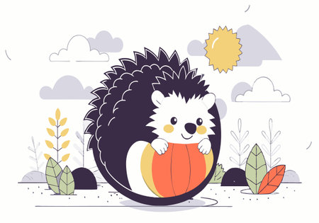 Adorable illustrated hedgehog embracing an orange ball under the sun. Cute outdoor depiction with plants and clouds in the background.のイラスト素材