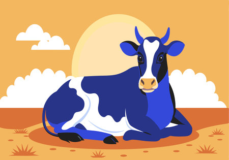 Vector illustration showing a blue cow lying down in a field with a sunset background and clouds.のイラスト素材