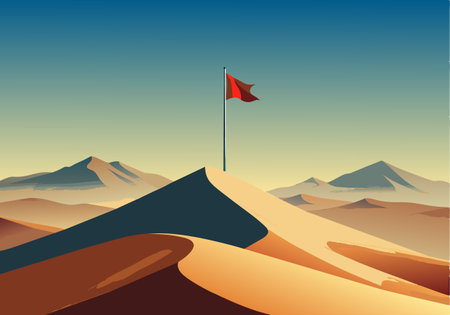Digital illustration of a red flag on top of a desert dune with distant mountains under a clear sky.のイラスト素材