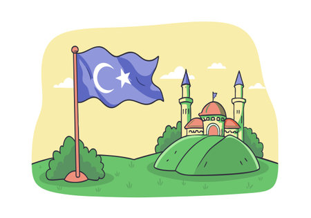 Colorful cartoon illustration featuring a flag with a crescent and star next to a mosque with lush greenery.のイラスト素材