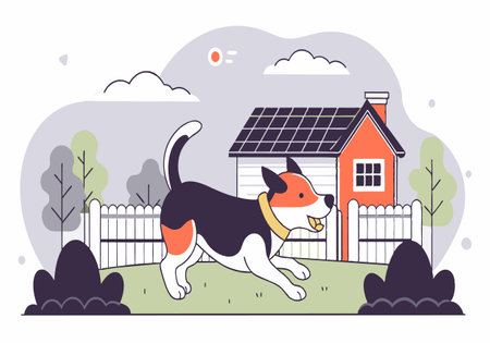 Illustration of a joyful dog running in a fenced backyard with a cozy house in the background. Perfect for pet and home concepts.のイラスト素材