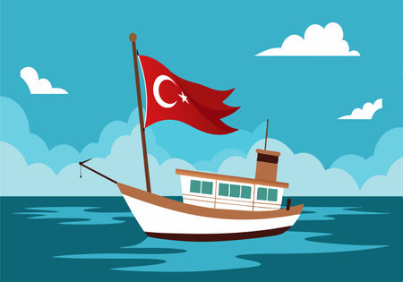 Illustration of a Turkish boat with a national flag sailing on calm waters under a clear sky with clouds.のイラスト素材