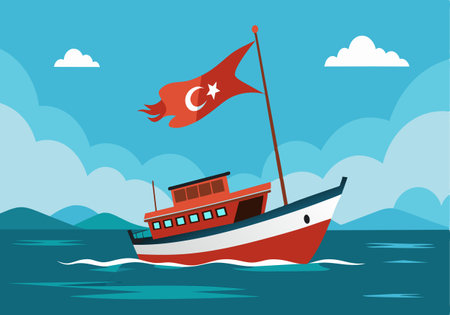 Vector illustration of a Turkish boat sailing on a serene sea with the national flag waving in the wind.のイラスト素材
