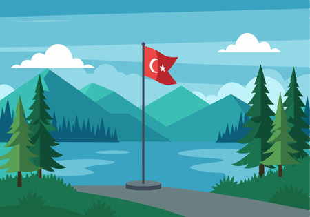 Illustration of a picturesque landscape featuring a Turkish flag beside a calm lake with mountains and trees.のイラスト素材