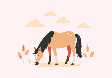 Vector illustration of a horse grazing in a calm and serene landscape with clouds and plants.のイラスト素材