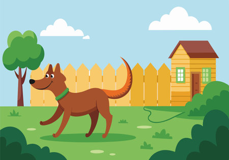 A cheerful brown dog happily walks in a fenced backyard with a small house, tree, and greenery.のイラスト素材