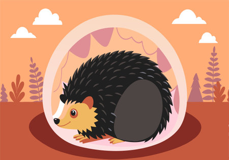 Illustration of a cute hedgehog nestled in a cozy burrow, with an outdoor background featuring plants and clouds.のイラスト素材