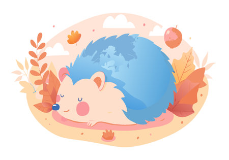 Adorable illustrated hedgehog with blue spikes resting among autumn leaves, conveying a peaceful and serene atmosphere.のイラスト素材