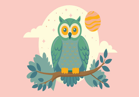 Illustration of a colorful owl perched on a branch with a moonlit sky background, evoking a sense of whimsy and nature.のイラスト素材