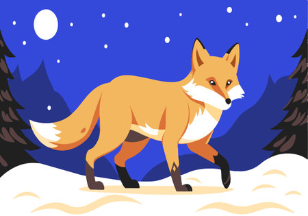 A vibrant illustration of a red fox walking through a snowy forest at night. The full moon and stars light up the winter landscape.のイラスト素材
