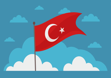 Illustration of the Turkish flag waving against a backdrop of white clouds and a blue sky. Symbol of national pride.のイラスト素材