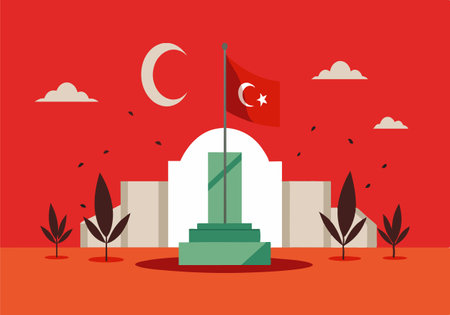 A modern vector illustration featuring a Turkish flag on a monument, with a crescent moon and red background. Symbolizes patriotism and national pride.のイラスト素材