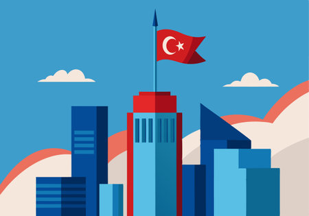 Vector illustration of the Turkish flag flying atop a skyscraper, signifying urban development and national pride.のイラスト素材