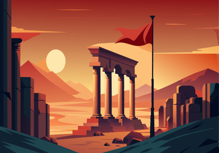 Illustration of a sunset over ancient ruins with a red flag, mountains and a dramatic sky in the background.のイラスト素材