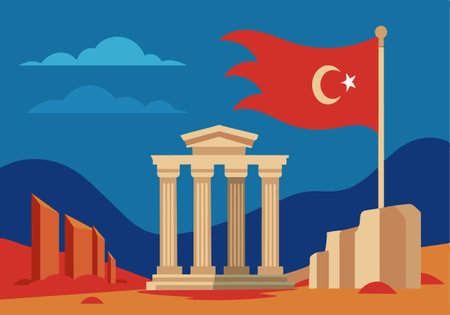 Vector illustration featuring the Turkish flag waving near ancient ruins with scenic mountains and clouds in the background.のイラスト素材