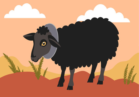 Vector illustration of a black sheep standing on a small hill with a desert landscape background, featuring clouds and plants.のイラスト素材