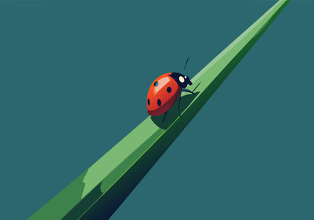 Minimalist illustration of a ladybug crawling on a green grass blade against a blue background, highlighting nature and simplicity.のイラスト素材