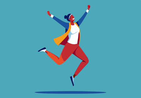 A woman is jumping in the air with a big smile on her face. She is wearing a yellow jacket and white shirtのイラスト素材