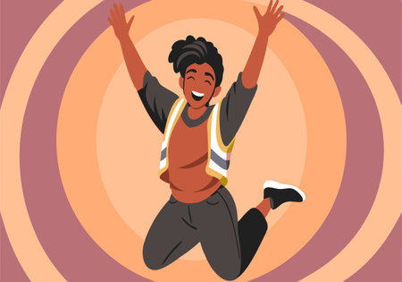 A young man is jumping in the air with his arms raised. Concept of joy and excitementのイラスト素材