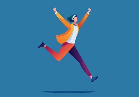 A man in a yellow jacket is jumping in the air. The man is wearing a white shirt and orange pantsのイラスト素材