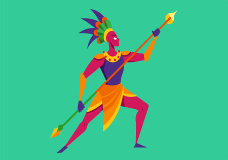 A man in a costume holding a spear. The man is wearing a colorful outfit and has a warrior's stanceのイラスト素材