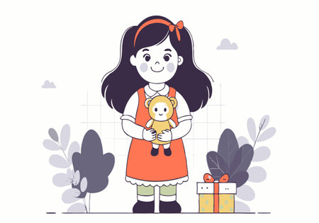 A girl is holding a teddy bear in a park. The scene is cheerful and playful, with the girl's smile and the teddy bear's cute appearance. The park setting adds to the overall sense of happinessのイラスト素材