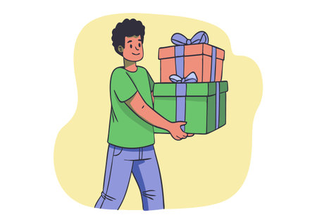A man is holding two boxes, one of which is green. He is smiling and he is happyのイラスト素材