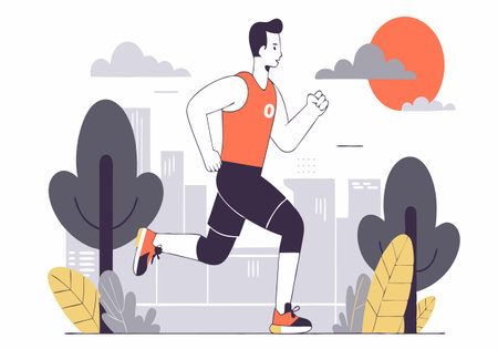 A man is running in a park with a city in the background. The sky is orange and the sun is settingのイラスト素材