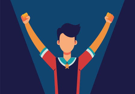A man is holding his hands up in the air, with a star on his shirt. Concept of triumph and victoryのイラスト素材