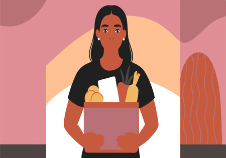 A woman is holding a shopping bag with vegetables in it. The woman is smiling and she is happyのイラスト素材