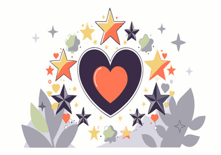 A heart surrounded by stars. The heart is red and the stars are of various sizes and colors. Concept of love and positivityのイラスト素材