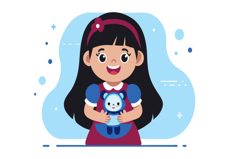 A young girl is holding a stuffed animal. She is smiling and she is happy. Concept of warmth and innocence, as the girl's joy is captured in her expression and the softness of the teddy bearのイラスト素材