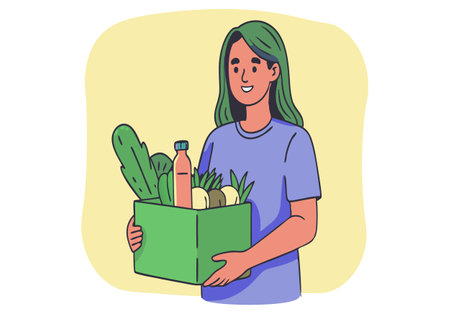 A woman is holding a green box with vegetables in it. She is smiling and she is happyのイラスト素材