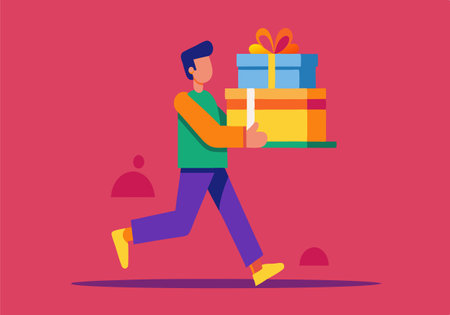 A man is running with a box in his hand. The box is wrapped in colorful paper and has a bow on top. The man is in a hurry, possibly trying to deliver the gift to someoneのイラスト素材