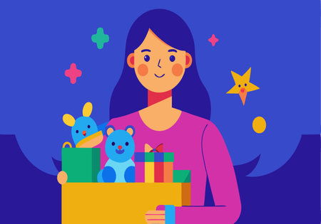 A woman is holding a box of toys and presents. She is smiling and she is happyのイラスト素材