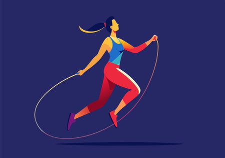 A woman is jumping rope in the air. The image is colorful and lively, conveying a sense of energy and excitement. The woman's athletic poseのイラスト素材