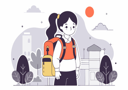 A girl with a backpack is standing in front of a building. The image has a playful and lighthearted mood, with the girl's smile and the bright colors of her backpack and outfitのイラスト素材