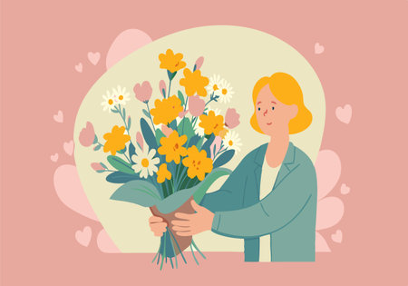 A woman is holding a bouquet of flowers. The flowers are yellow and white, and the woman is smiling. Concept of happiness and warmth, as the woman is surrounded by the beauty of natureのイラスト素材