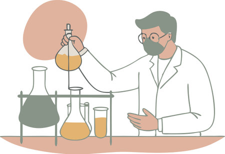 A man in a lab coat is holding a beaker and wearing a mask. He is conducting an experimentのイラスト素材