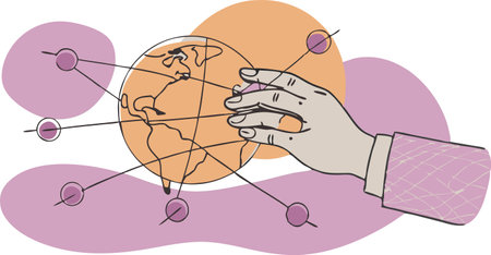 A hand is touching a globe with a string of beads. The globe is surrounded by a circle of dotsのイラスト素材