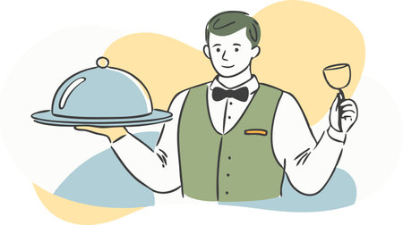 A man in a green vest holding a tray with a silver dome on it. He is smiling and he is a waiter or a serverのイラスト素材