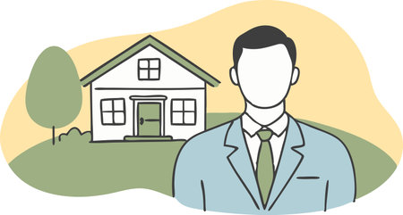A man in a suit stands in front of a house. The house is white and has a green tree in front of it. The man is wearing a tie and he is a businessman. Concept of professionalism and successのイラスト素材