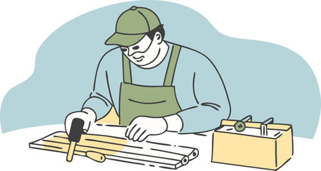 A man is working on a project, wearing a green apron and a green cap. He is using a hammer and a box of nailsのイラスト素材