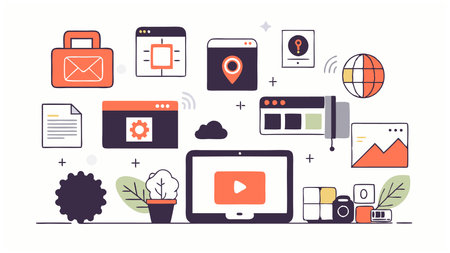 A computer monitor with a video playing on it. The monitor is surrounded by various icons and images, including a laptop, a keyboard, a mouse, and a cell phone. Scene is that of a busyのイラスト素材